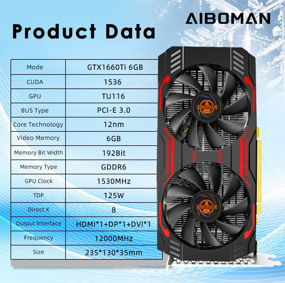 Placa de Vídeo AIBOMAN GTX1660Ti 6GB GDDR6 192Bit 1530MHz GPU PCI-E 3.0 HDMI DP DVI Saída Placas Gráficas para Jogos