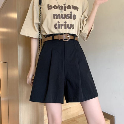 Workwear Shorts for Women High Waist Summer Wide-leg Shorts Belt Khaki Casual Cotton Korean Fashion Solid Pocket Womens Shorts