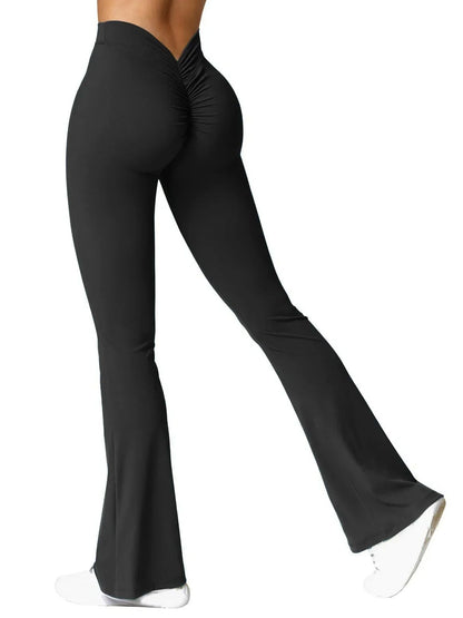 Fashion flared pants women's V back waist sports pants high waist buttocks beautiful buttocks fitness pants solid color tight La