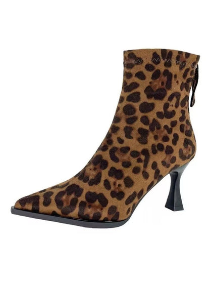 Autumn Women's High Heel Leopard Print Ankle Boots New Winter Pointed Head Thin Heel Chelsea Boots for Shoes Dress D503