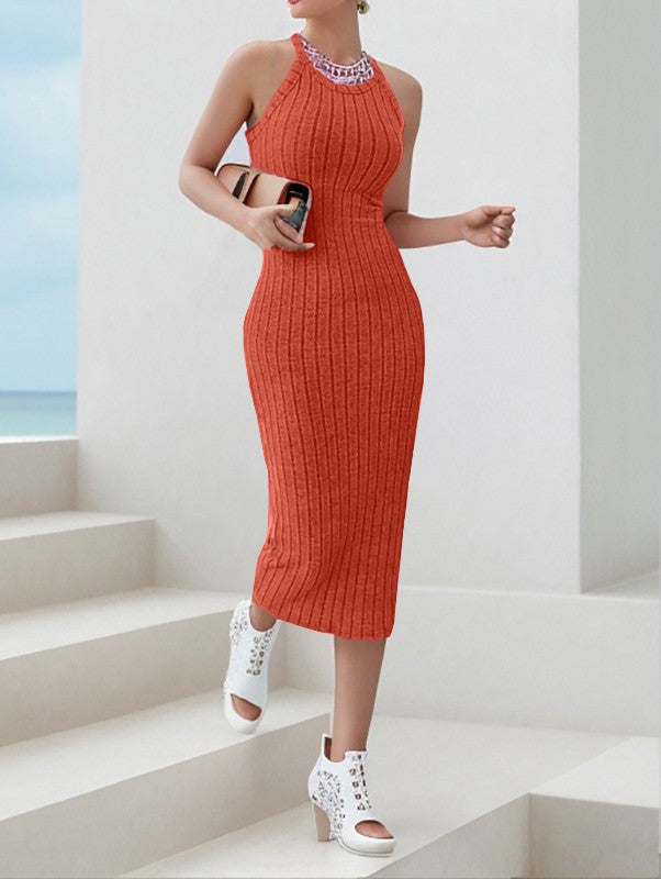 Solid Halter Neck Bodycon Midi Dress High-end temperament vest halter dress wome