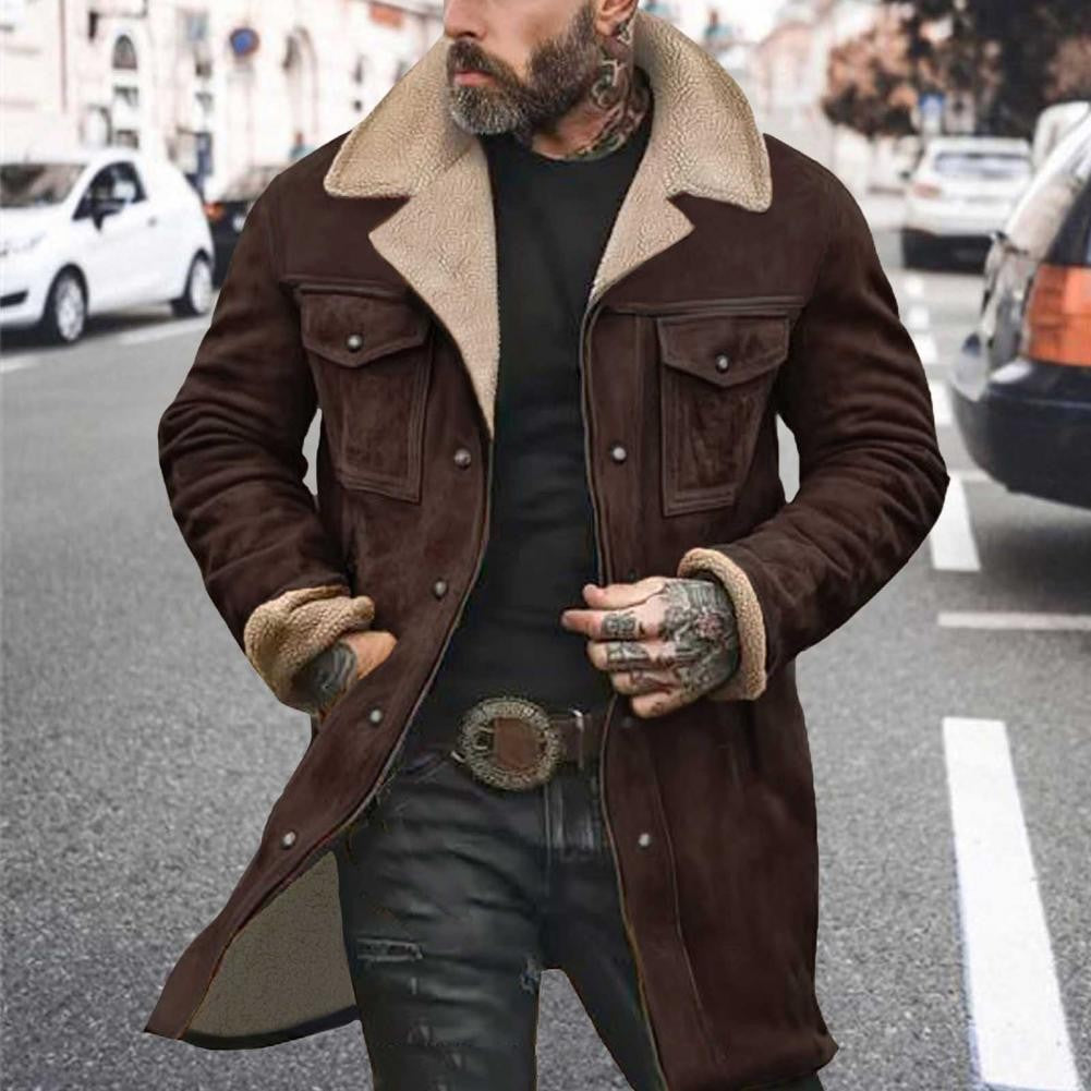Autumn Winter Men Jacket Lapel Single-Breasted Mid-Length Coat Windproof Jacket Suede Multi Pockets Outerwear Men Clothing