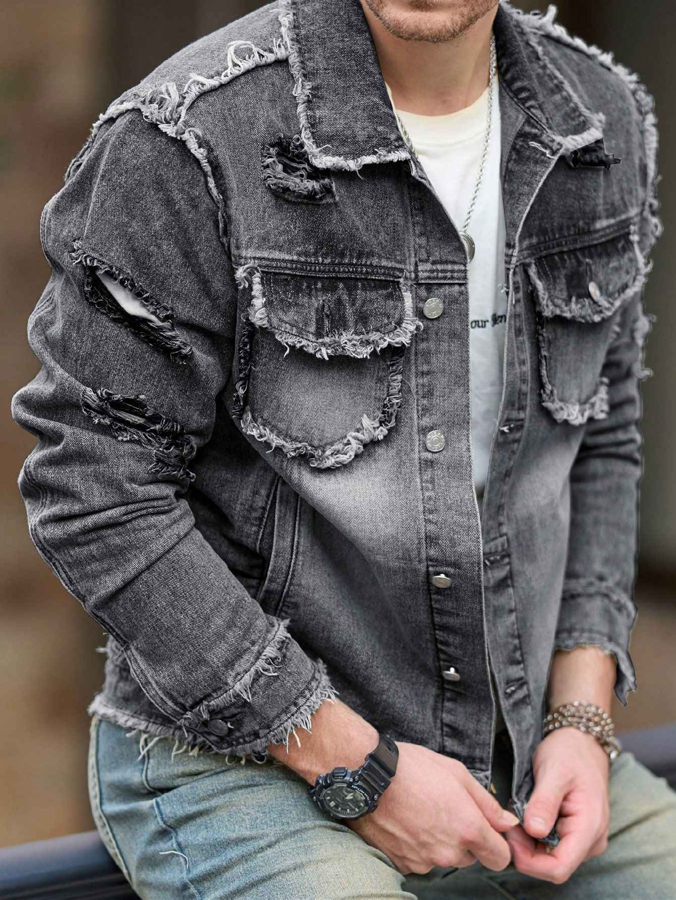 1Pc Men's Four Seasons Destroyed Stone Washed Light Jacket Daily American Street Casual Denim Jacket (No Hood/No Accessories)