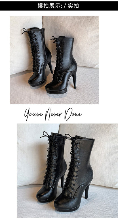 Elegant Boots and Ankle Boots for Women 12.5CM Black Matte Female High Heel Stripper Heels Round Toe Short Boots Footwear