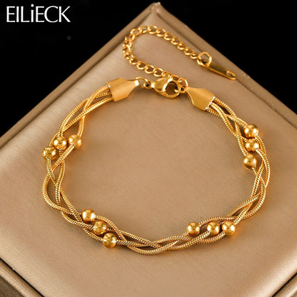 Pulseira de Corrente de Contas de Aço Inoxidável 316L EILIECK para Mulheres, Charme de Metal Banhado a Ouro 18K, Joia Moderna com Design Exclusivo
