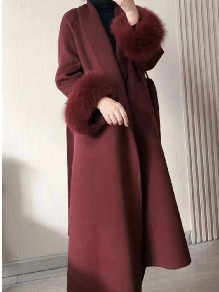 [EWQ] Wool Fox Fur Sleeve Women Coat Elegant Clothing Autumn 2025 Winter Double-sided Jacket Big Size Wine Red Overcoats 16O2751