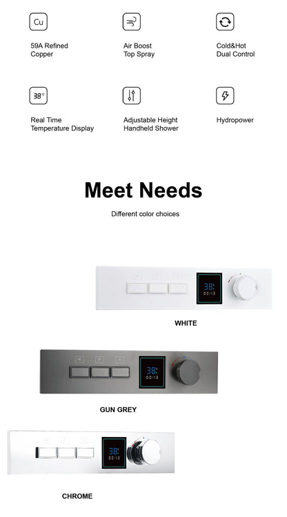 Sistema de chuveiro de latão Gunmetal luxuoso para banheiro com display de temperatura LED embutido no teto, 2 funções (chuva/cascata)