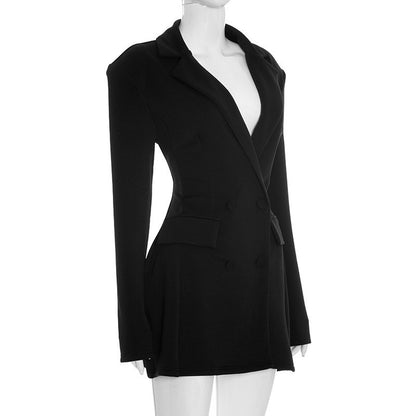 Mozision Deep V Neck Long Sleeve Sexy Mini Blazer Dress Women Elegant Double-breasted High Waist Club Party Blazers Dress