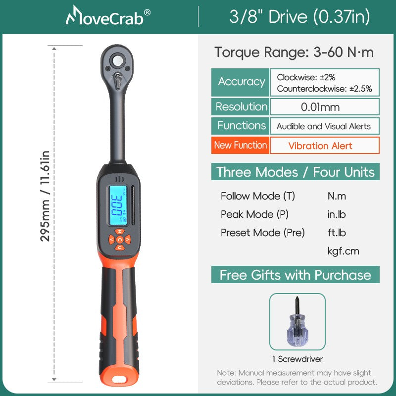 Chave de Torque Digital MOVECRAB 1.5-340 N.m com Valores Predefinidos, Precisão de 2%, Buzzer e Notificação por Flash LED