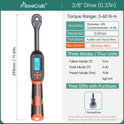 Chave de Torque Digital MOVECRAB 1.5-340 N.m com Valores Predefinidos, Precisão de 2%, Buzzer e Notificação por Flash LED