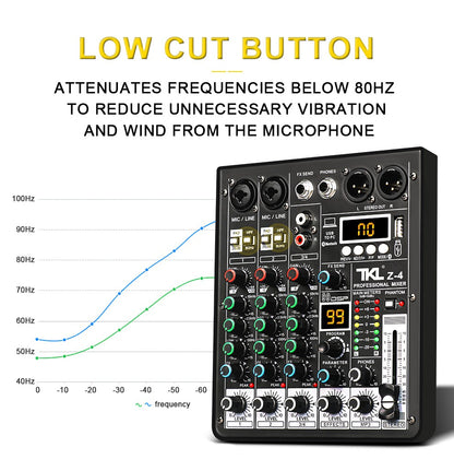 Mesa de áudio TKL 4 canais 99 DSP com alimentação fantasma 48V, mixers de som USB de estúdio, console de mixagem Bluetooth DJ para karaokê