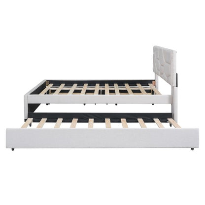 Full Size Upholstered Platform Bed , with Twin Size Trundle and 2 Drawers, Linen Fabric, Beige