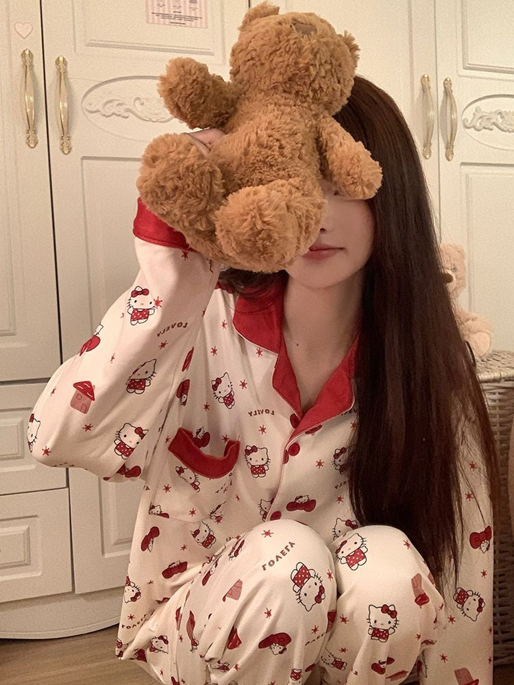 Hello Kitty Women's 2025 Autumn Loose Fit Cardigan Pajama Set Long Sleeve Cozy Home Wear Sleepwear Loungewear Outfit
