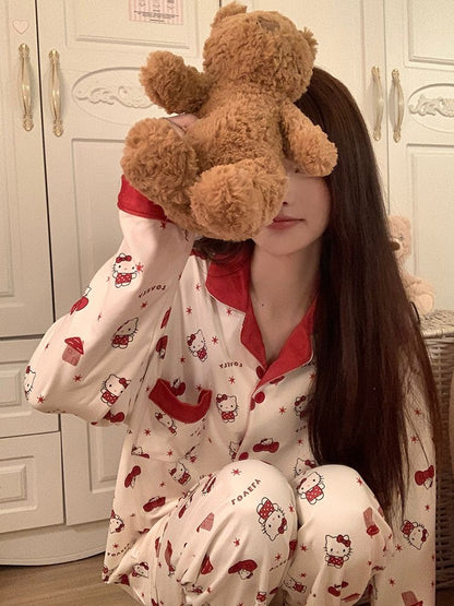 Hello Kitty Women's 2025 Autumn Loose Fit Cardigan Pajama Set Long Sleeve Cozy Home Wear Sleepwear Loungewear Outfit