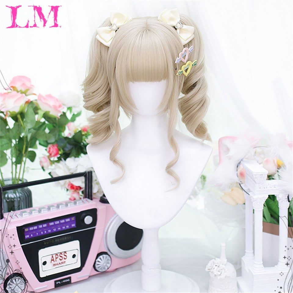 LM Medium Length Pink Cosplay Wig Heat Resistant Costume Party Synthetic Wigs 2 Clip On Ponytail 7 Colors