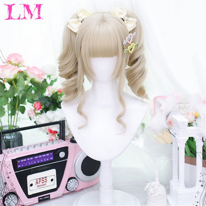LM Medium Length Pink Cosplay Wig Heat Resistant Costume Party Synthetic Wigs 2 Clip On Ponytail 7 Colors