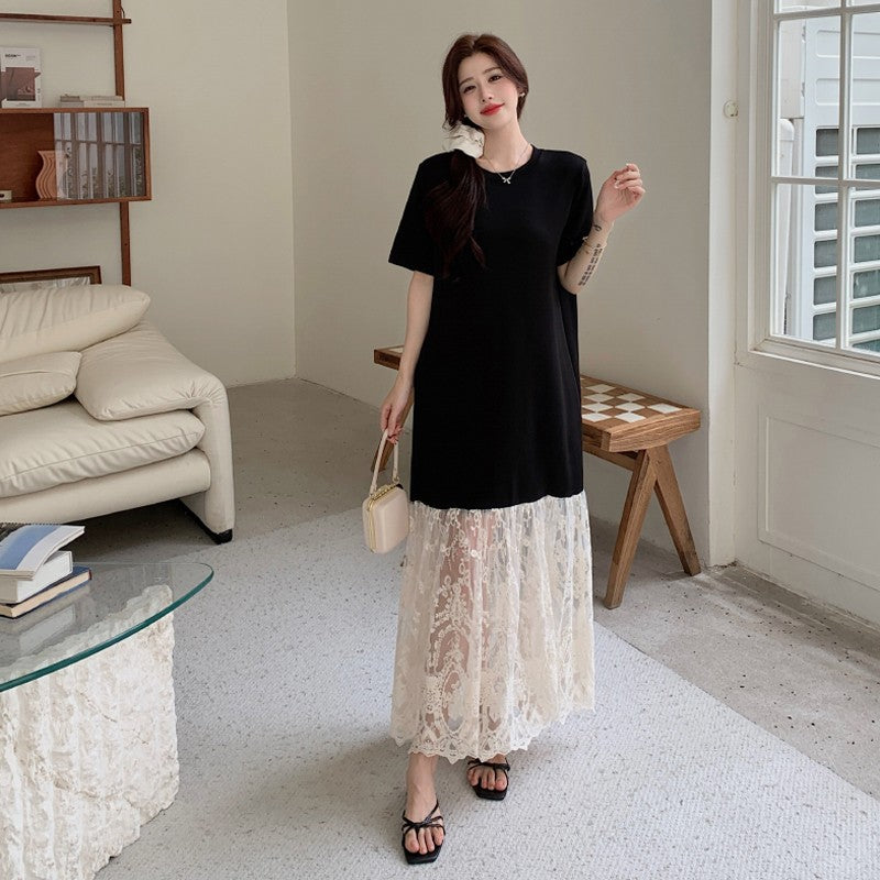 NYFS plus Size Women's Lave Patchwork Dress Summer 2025 Loose Long Dresses Robe Elbise Short Sleeve Korean Style Floral Hem