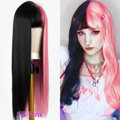 Green And Black Lolita Cosplay Wig Straight Wigs With Bangs Synthetic Heat Resistant Two Tone Wigs Black & Pink Split Color Wig