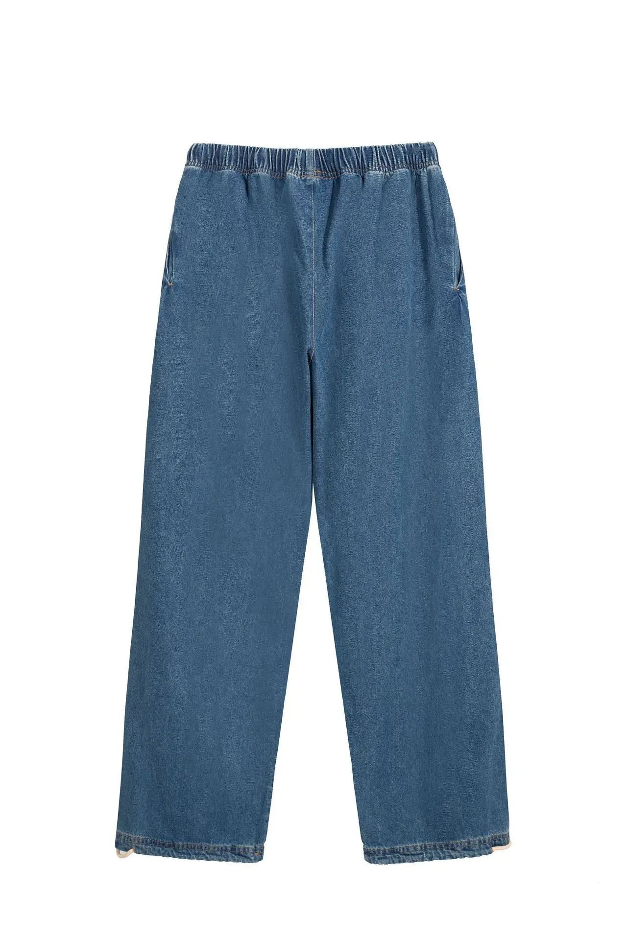 Cross-border Fog Essentials Men's Denim Straight-leg Pants American Style Washable Drawstring Elastic Waist Fit Bell Bottoms
