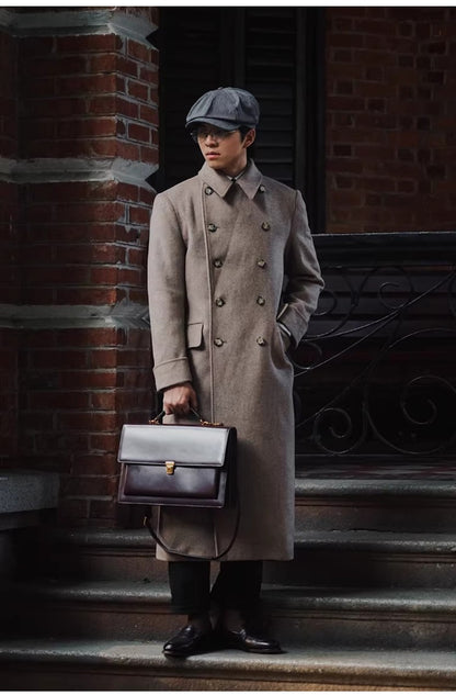 Mauroicardi Autumn Winter Long Warm Green Polo Coat Men Double Breasted Cool Luxury Elegant England Style Wool Blends Overcoat