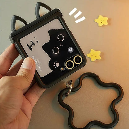 Capa de celular preta com orelhas de gato fofas Coreia Japão para Motorola Razr 60 50 Ultra Razr 40 Ultra para Samsung Galaxy Z Flip 7/6/5/4/3