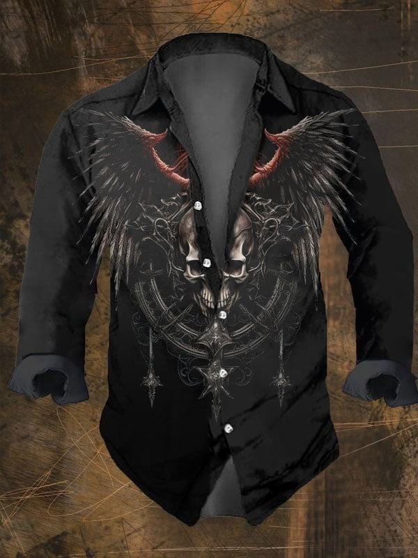 2024 Halloween Party Men's Vintage Dark Skull Print Long Sleeve Shirt - Skull Print,Regular Fit,, Lapel Collar, Polyester Blend