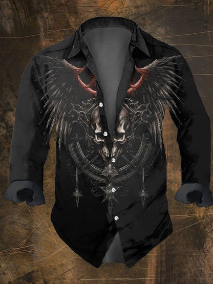 2024 Halloween Party Men's Vintage Dark Skull Print Long Sleeve Shirt - Skull Print,Regular Fit,, Lapel Collar, Polyester Blend