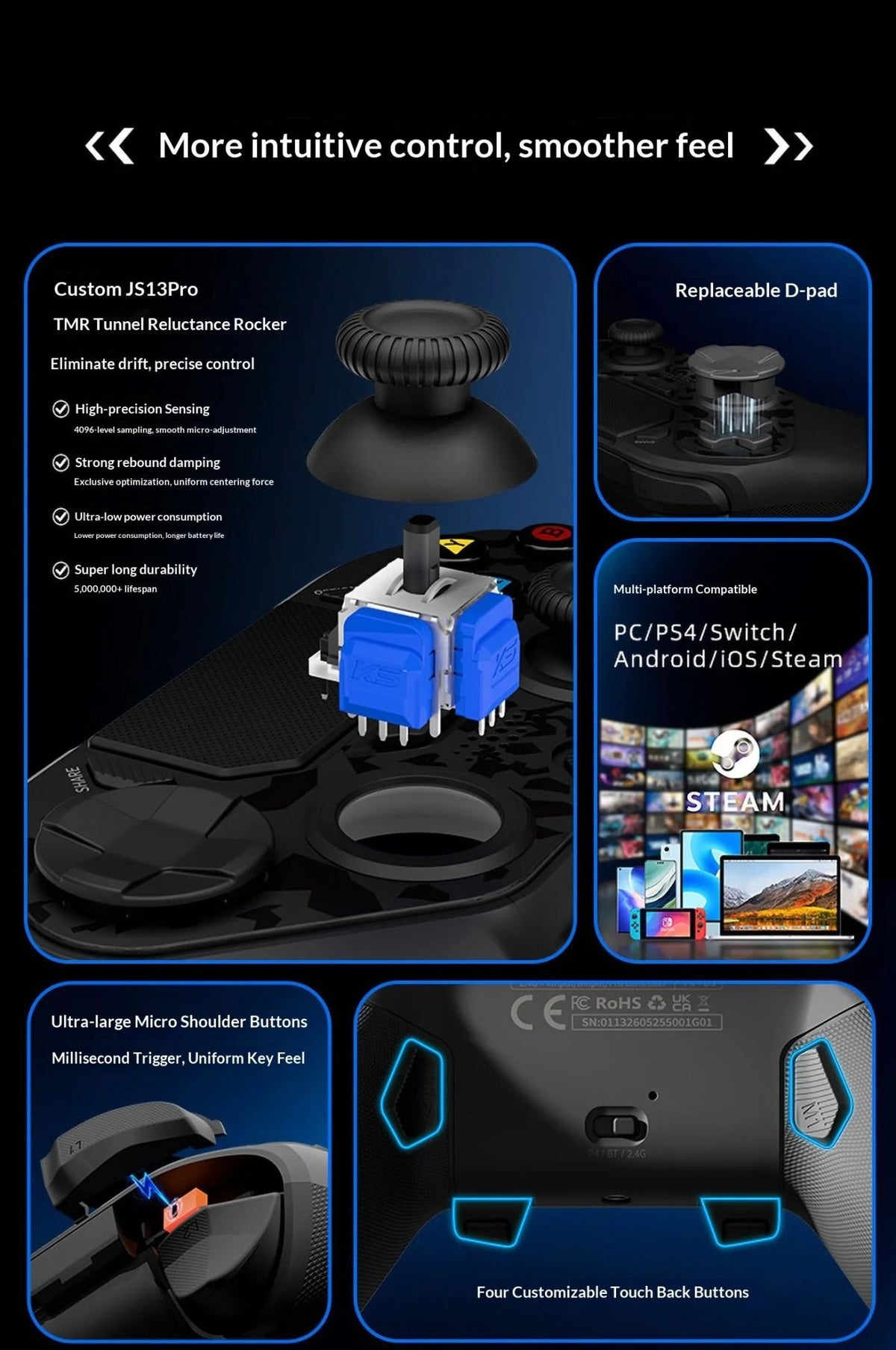 AceGamer Hyper Shadow D4 Gaming Controller Wireless Bluetooth TMR Joystick Customizable Buttons for PS4/Pc/Steam/Switch2 Game