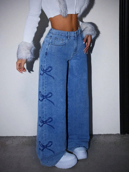 Denim Pants Women Bow Print Jeans High Waist Washed Distressed Straight Trousers Vintage Floor Length Streetwear Wide Leg Pants