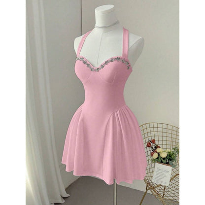 Women Summer Sweet Pink Knittd Mini Suspender Dress Sleeveless Heart Neck Waist Cinching Pleated A-Line Fashion Elegant Dress