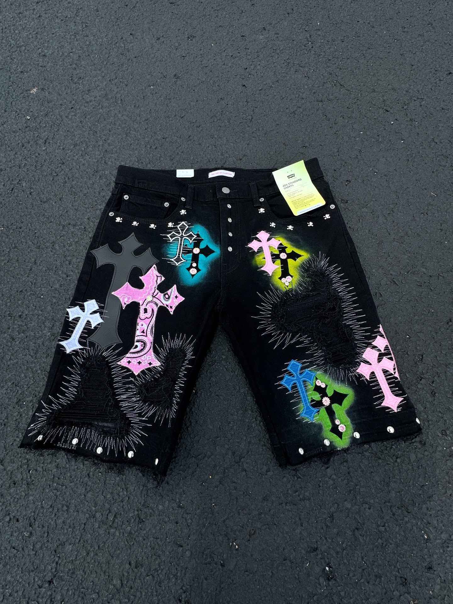 Y2K Willow Nail Denim Shorts Men Women Gothic Punk Style Embroidered Applique Design Loose Casual Jeans Fashion Retro Streetwear