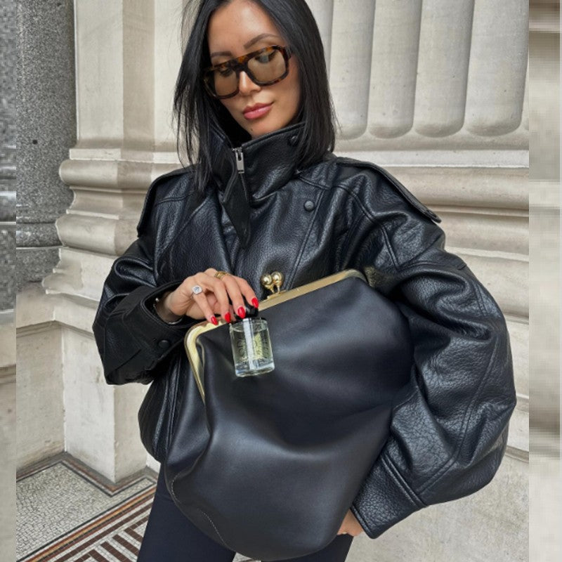 HXAO Faux Leather Jacket Coat Demi-Season Black Bomber Jacket Outerwears Long Sleeve Snap Button Cropped Motorcycle Jacket