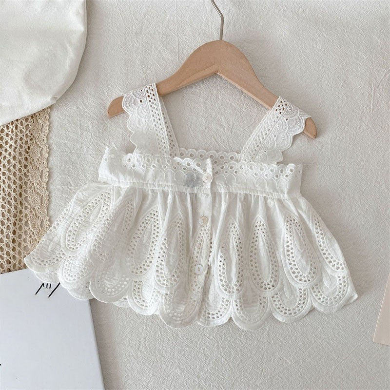 Girls Children Outfit Sets Summer Kids Clothes Lace Edge Pure White Baby Girl Casual White Hollow Vest Top Suspender+Denim Skirt