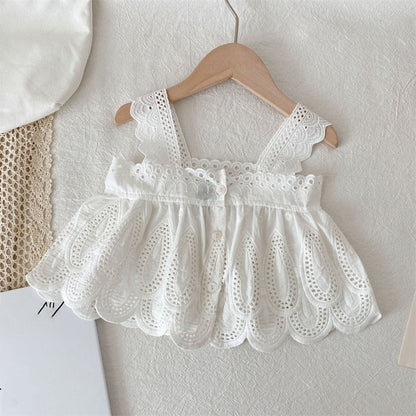 Girls Children Outfit Sets Summer Kids Clothes Lace Edge Pure White Baby Girl Casual White Hollow Vest Top Suspender+Denim Skirt