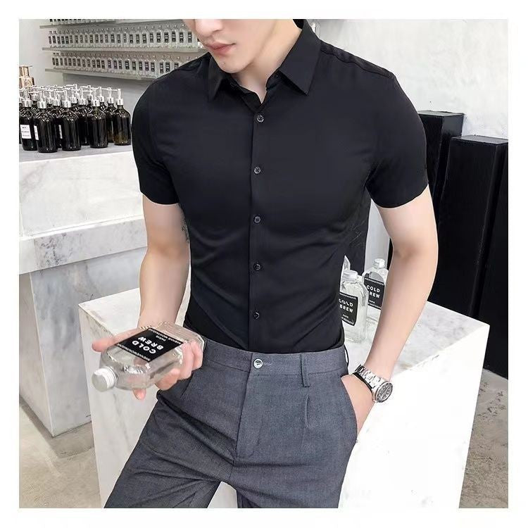 Korean Fashion Trend Casual Elastic Design Sense Short Sleeve Shirt Men's Solid Lapel Collar Button Breathable Simple Slim Tops