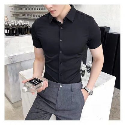 Korean Fashion Trend Casual Elastic Design Sense Short Sleeve Shirt Men's Solid Lapel Collar Button Breathable Simple Slim Tops