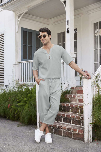 Summer Cotton Linen Shirt Set Men's Casual Outdoor 2-Piece Suit Andhome Clothes Pajamas Comfy Breathable Beach Short Sleeve Sets