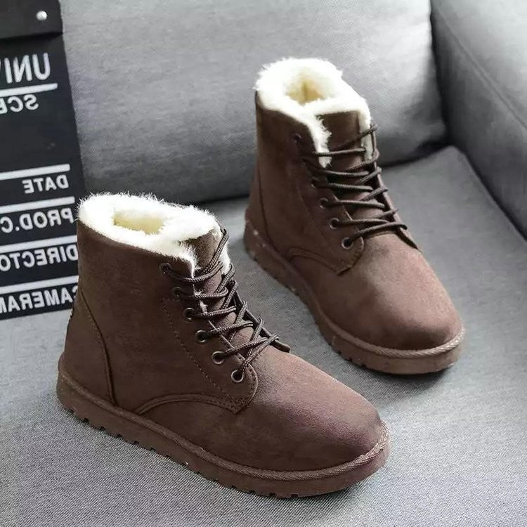 Smile Pop Winter New Flat Snow Boots Comfortable Warm Velvet Plush Cotton Shoes Round Toe Snow Boots Lace-up Short Boots Women