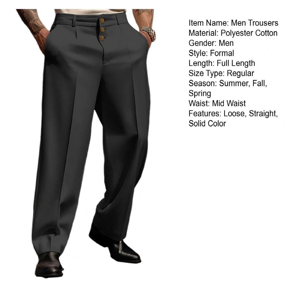 Men Suit Pants Elegant Men's Business Suit Pants with Straight Loose Fit Soft Pockets Button Closure Mid Waist Formal for Office