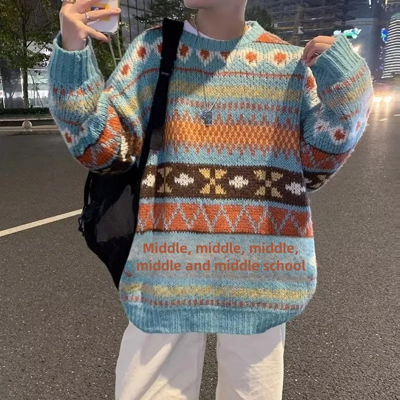 Japanese Vintage Sweater Men's Trendy Ethnic Striped Loose-Fit Knitted Top Casual Crew Neck Idle Style Couple Model Sweater