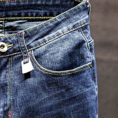 American Elastic Straight Jeans Men Ripped Worn-out Slim-fit Cotton Denim Pants Korean Style Fashion Blue Black Men's Clothing