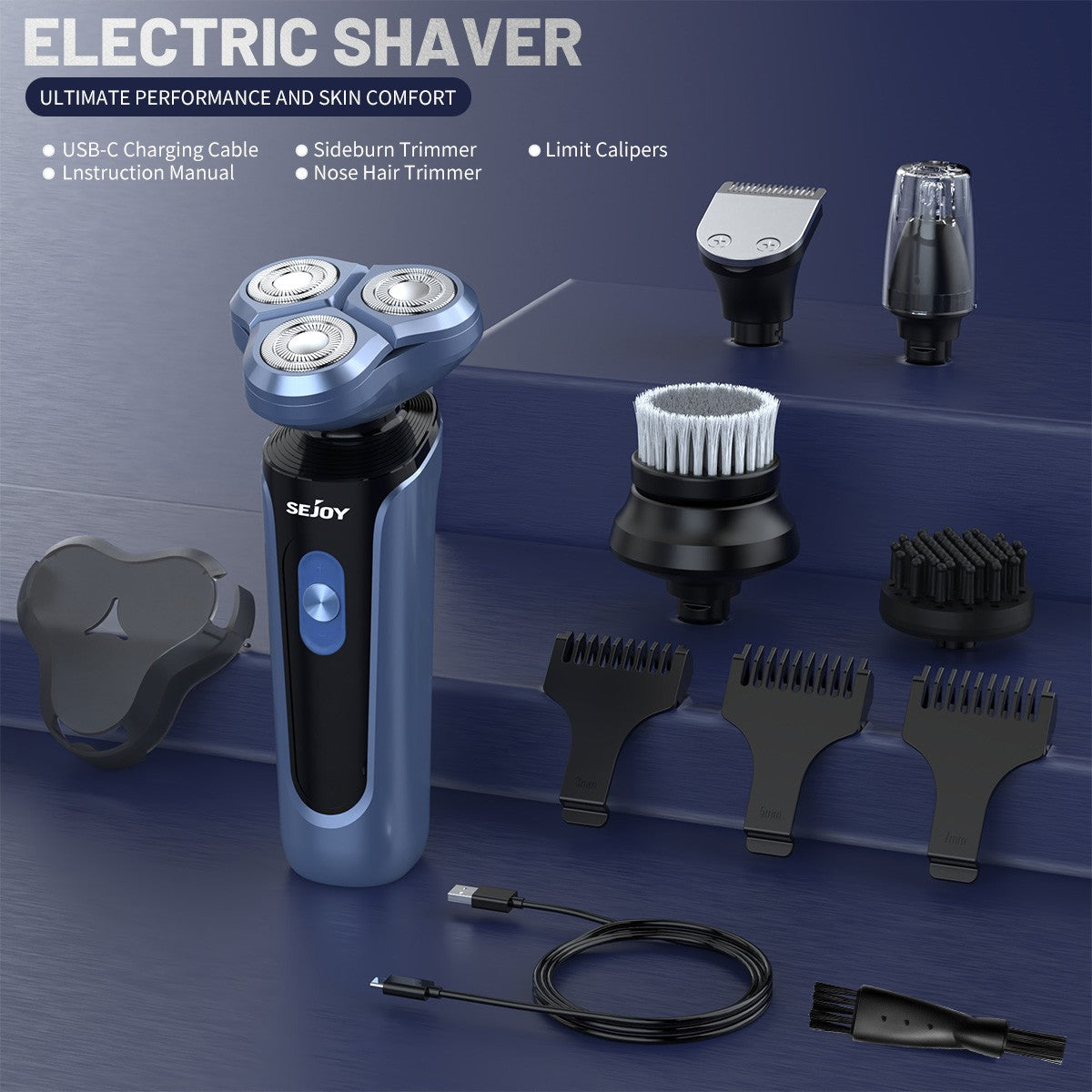 SEJOY 3 In 1 Man Shaver Electric Razor Rechargeable Triple Blade Trimmer Beard Floating Head Waterproof Hair Shaving Machine