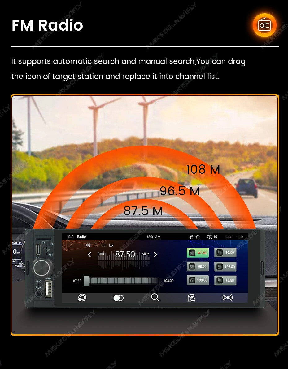 MEKEDE 1Din 6.86 polegadas Carplay Android Auto Rádio Automotivo Universal Reprodutor Multimídia com BT FM Estéreo USB Tipo-C Câmera Unidade Principal