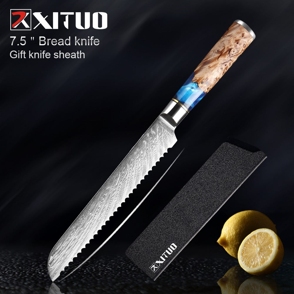 XITUO Kitchen Knives Set Damascus Steel VG10 Chef Knife Cleaver Paring Bread Knife Blue Resin Stabilised Wood Handle 1-7PCS set