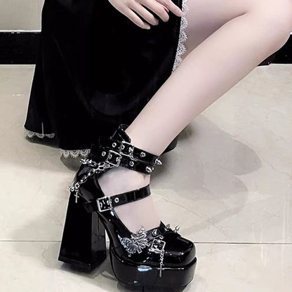 Punk Gothic High Heels Pumps Women 2025 Patent Leather Black Lolita Shoes Woman Y2K Ankle Straps Thick Heeled Mary Jane Shoes