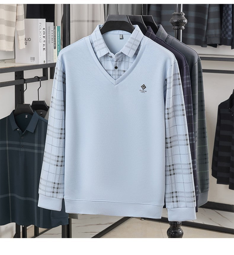 TFETTERS Business Men Polo Shirt 2025 Fashion Casual Slim Long Sleeve T Shirt Men Pullover Printed Plaid Shirts for Man Clothing