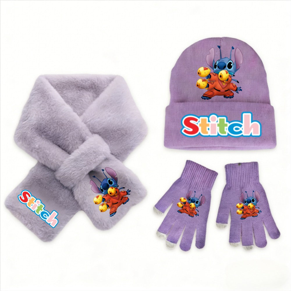 Conjunto de 3 peças de chapéu, cachecol e luvas de malha de inverno Stitch Disney Kawaii quente para meninas Acessórios casuais de moda infantil presente de Natal perfeito
