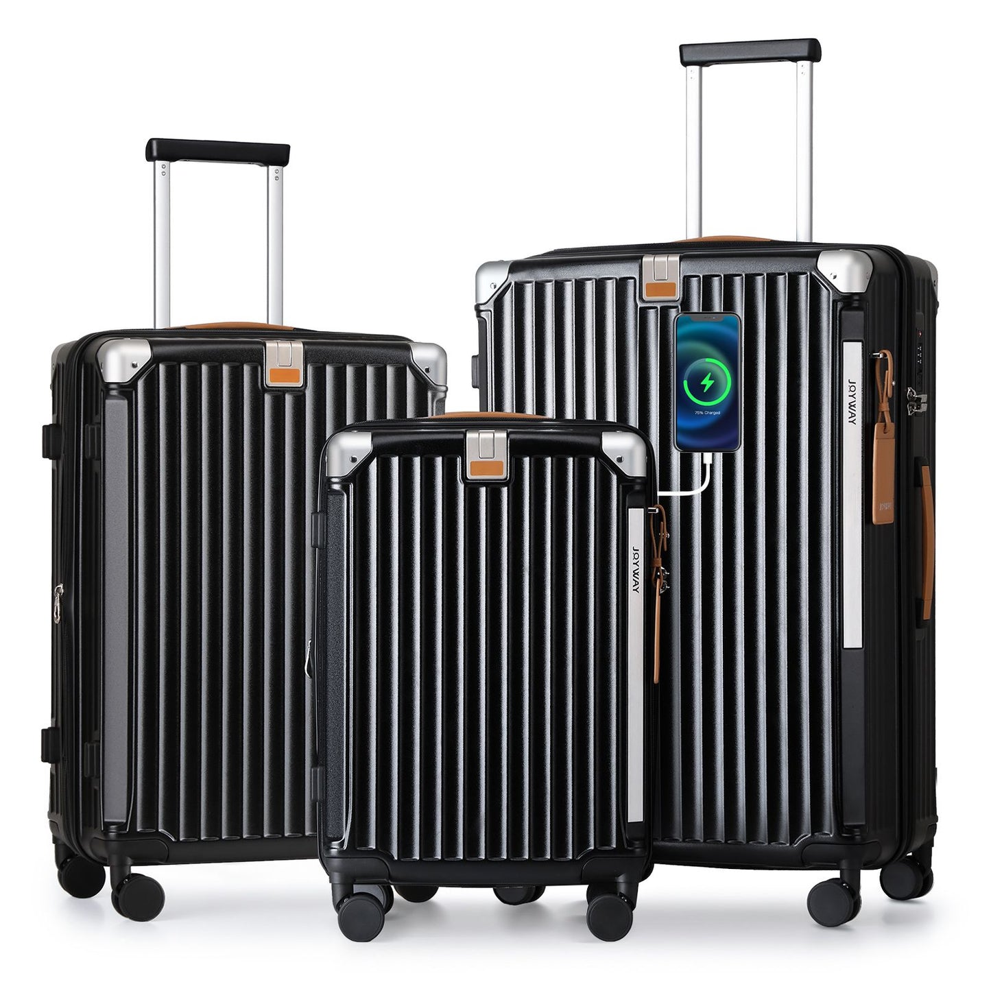 Conjuntos de Bagagem Joyway 3 Peças, Malas Expansíveis com Porta-Copos Inteligente e Porta USB, Malas Rígidas de Bordo e Despachadas com Cadeado TSA