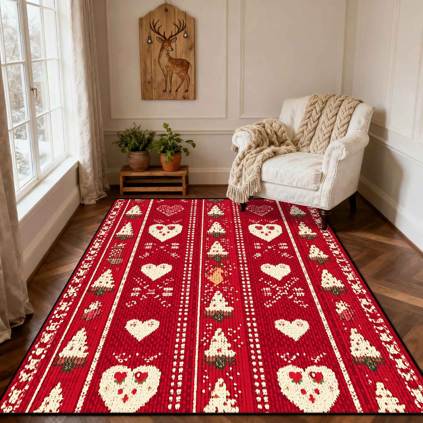 Christmas Style Red Living Room Carpet Christma Tree Decoration Bedroom Fluffy Thickened Rug Indoor Cloakroom Floor Mat Bedroom