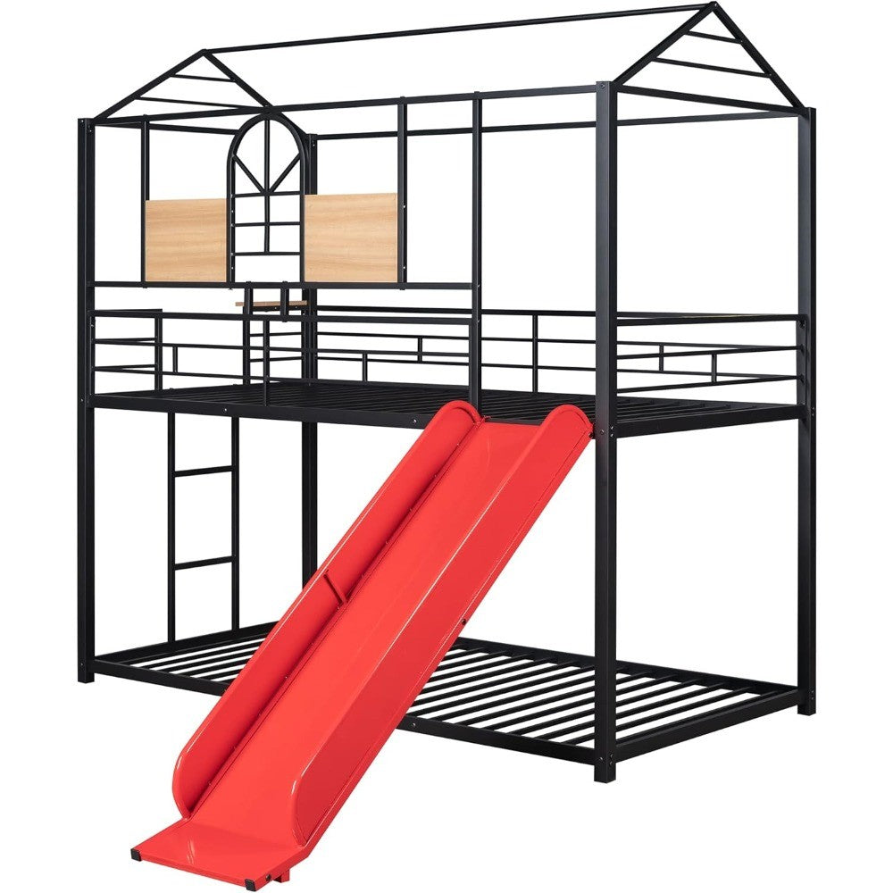 Over Twin Metal Bunk Bed with Slide and House Design, Black Bed Frame with Red Slide
